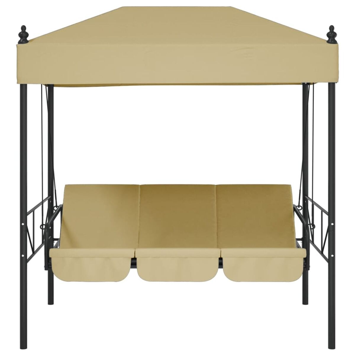 Beige Schaukel mit drei beigen Kissen, auf einem schwarzen Rahmen. Es befindet sich im Freien.