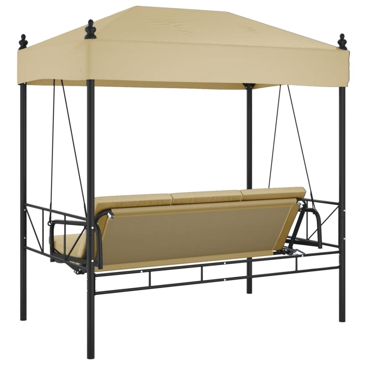 Beige Schaukel mit Baldachin, schwarzem Rahmen und beigen Kissen, im Freien.