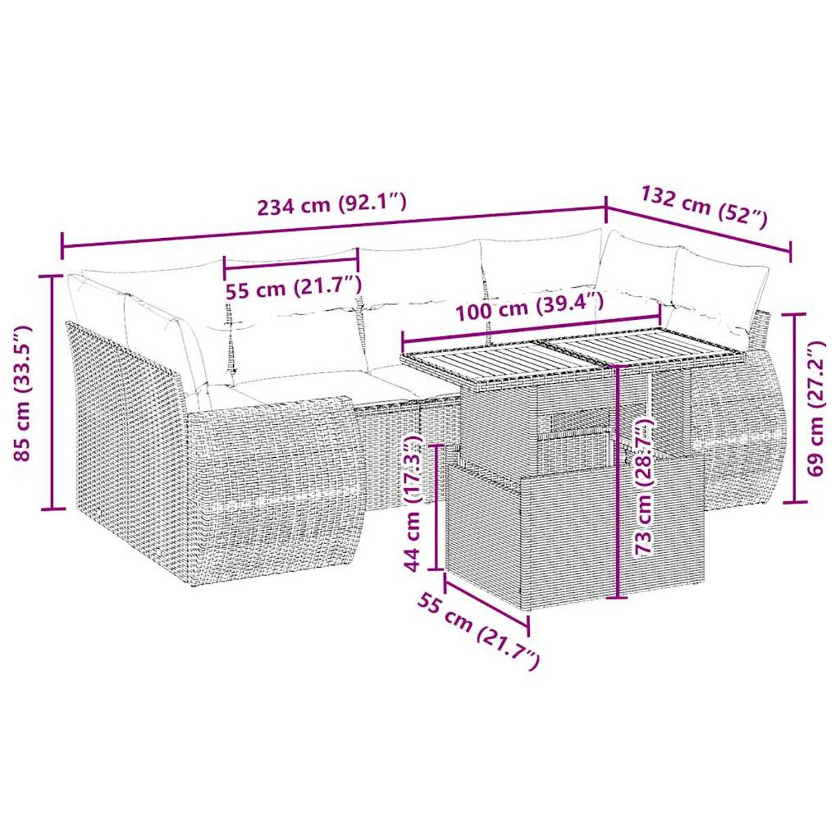Outdoor-Ecksofa-Set mit beschrifteten Abmessungen. Enthält einen Tisch, ein Sofa und eine Ottomane.