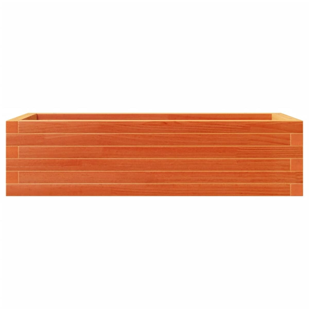 Orangene rechteckige Pflanzkasten aus Holz. Der Pflanzkasten hat ein einfaches Design und ist leer.