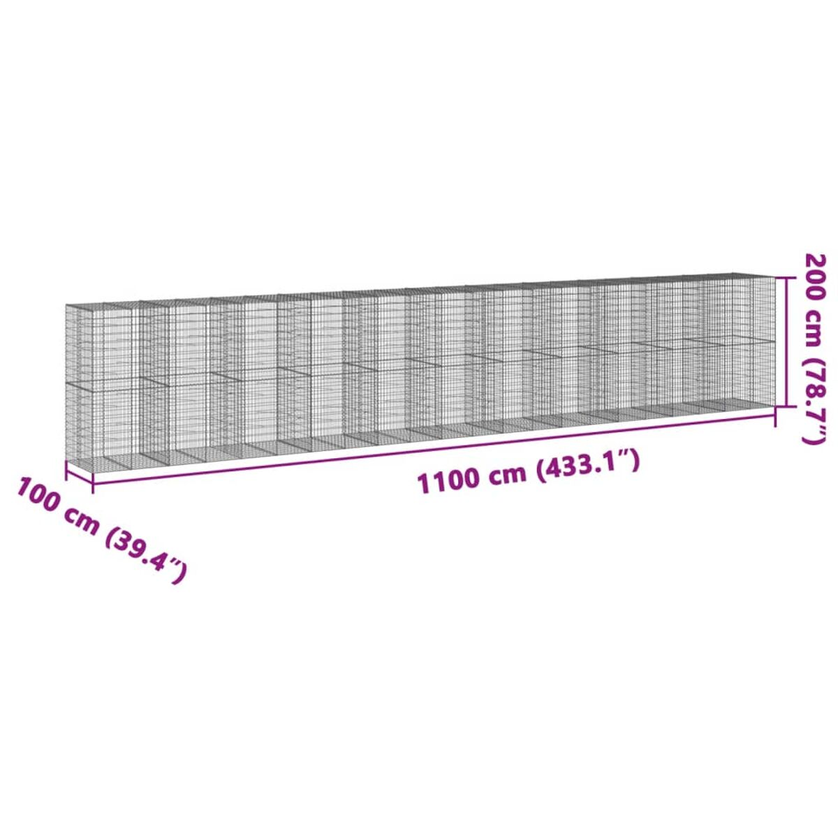 Ein langer, rechteckiger Metall-Gabion, mit Abmessungen in cm und Zoll beschriftet.