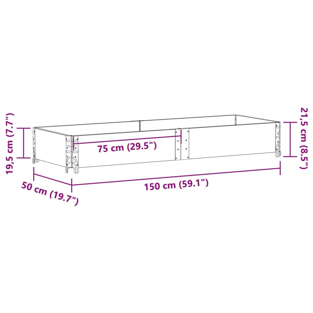Una fioriera in legno con dimensioni. È realizzata con assi di legno orizzontali.