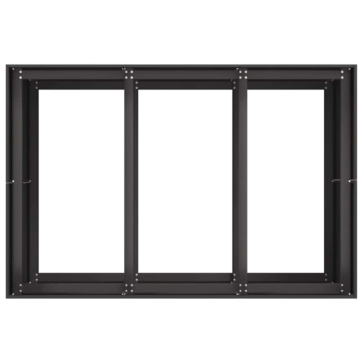 Telaio in metallo nero con tre aperture rettangolari, per finestre o porte.