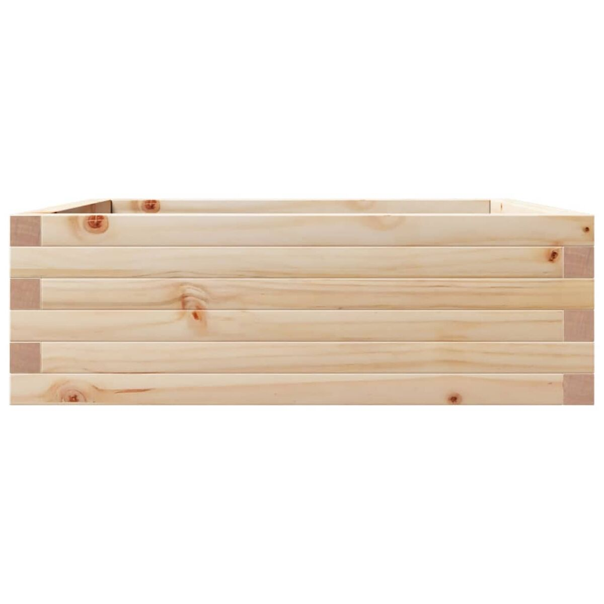 Pflanzkasten aus Holz. Helles Holz, rechteckige Form, aus horizontalen Brettern zusammengesetzt.