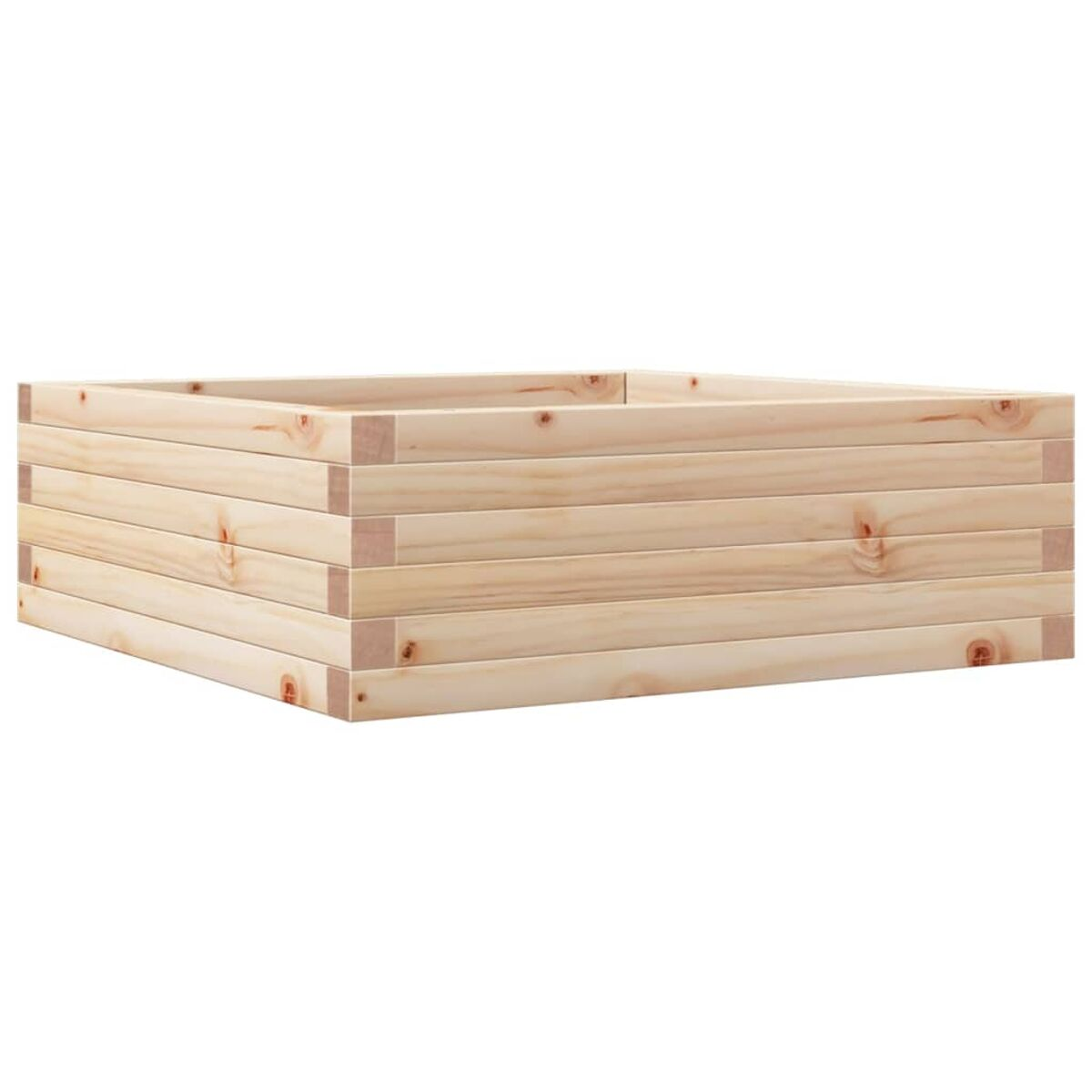 Quadratischer Pflanzkasten aus Holz, helles Holz. Das Holz ist geschichtet und hat Eckverbindungen.