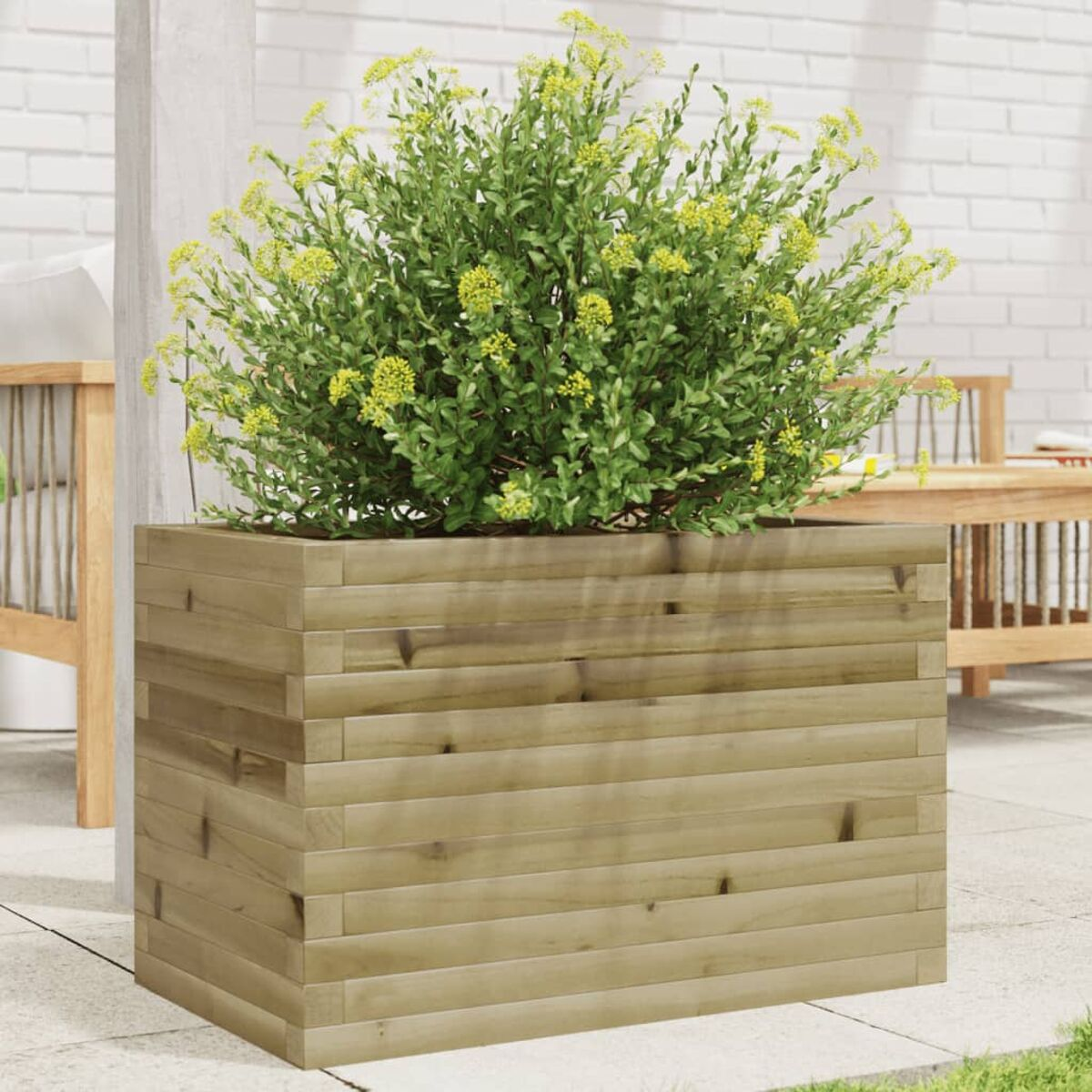 Holz-Pflanzkasten mit grüner Pflanze und gelben Blüten auf Terrasse.