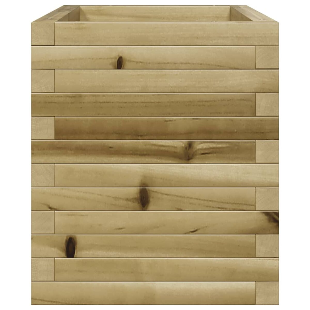 Pflanzkasten aus Holz. Helles Holz, rechteckige Form, aus horizontalen Brettern zusammengesetzt.