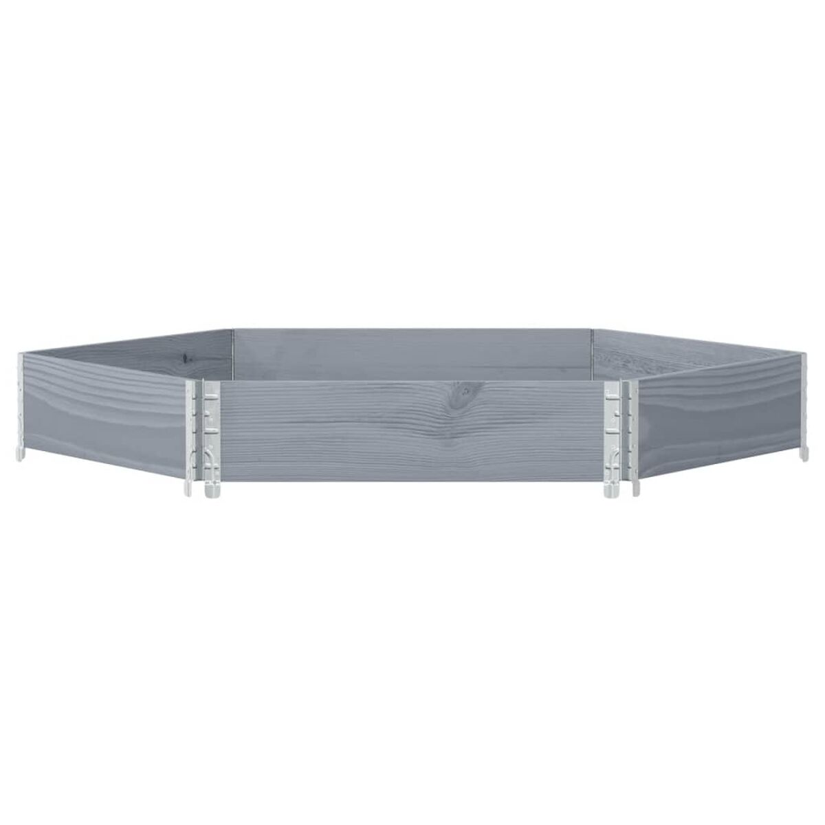 Aiuola rialzata esagonale in legno grigio con supporti metallici.