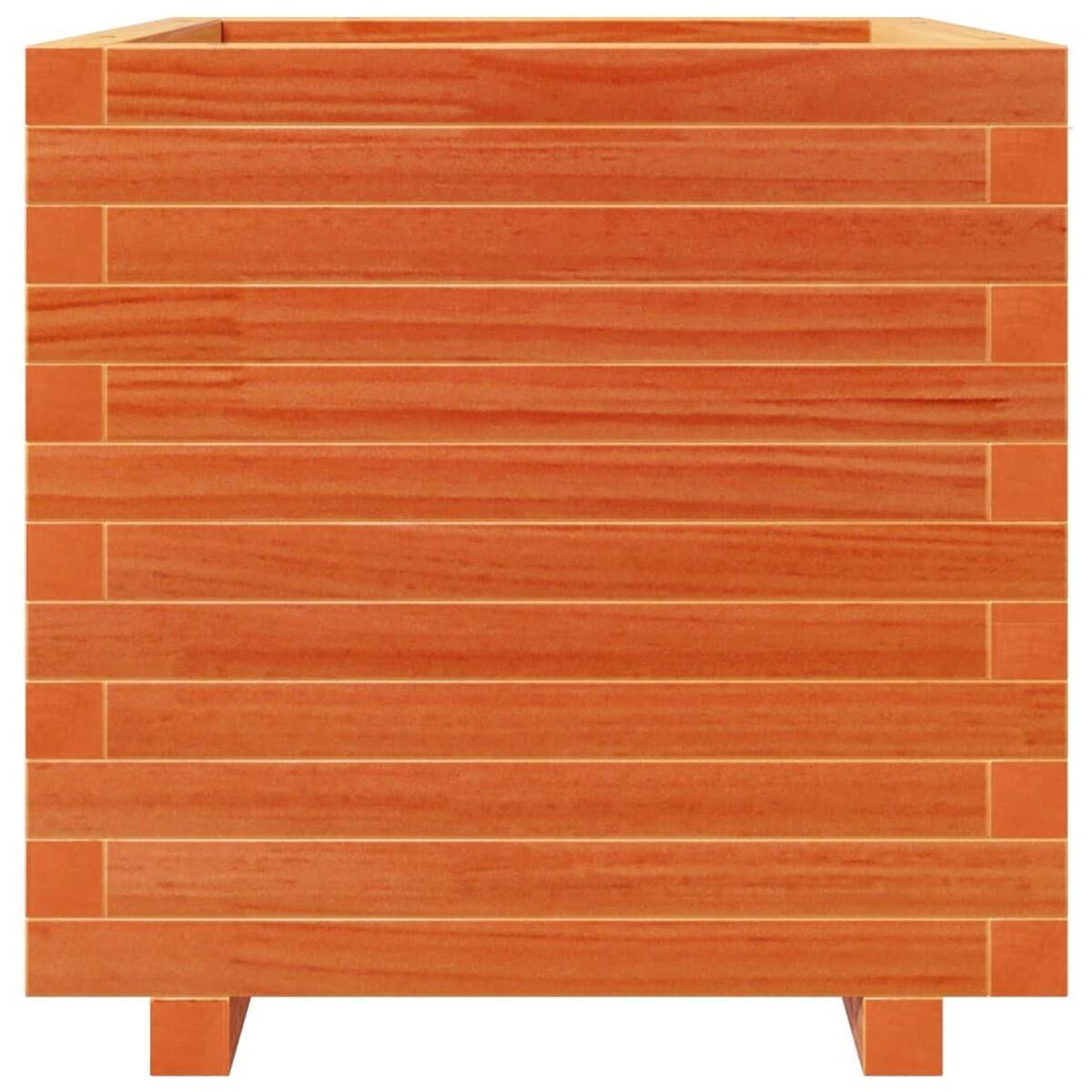 Holz-Pflanzkasten mit einfachem Design. Die Box besteht aus horizontalen Holzbohlen.