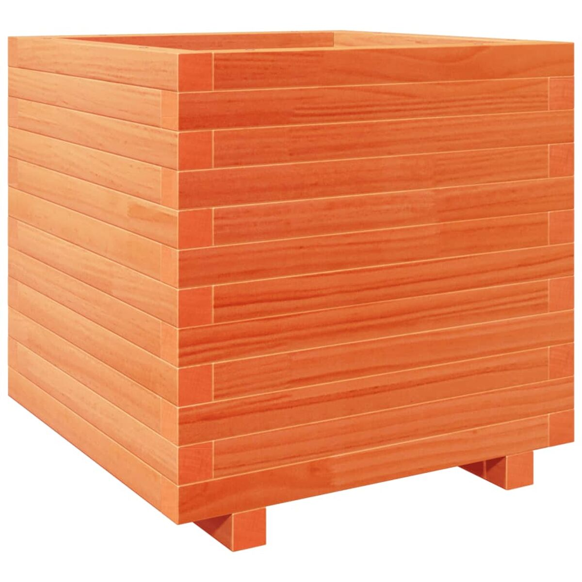 Holz-Pflanzkasten. Quadratische Form, aus horizontalen Lamellen. Orange-braune Farbe, auf weißem Hintergrund.