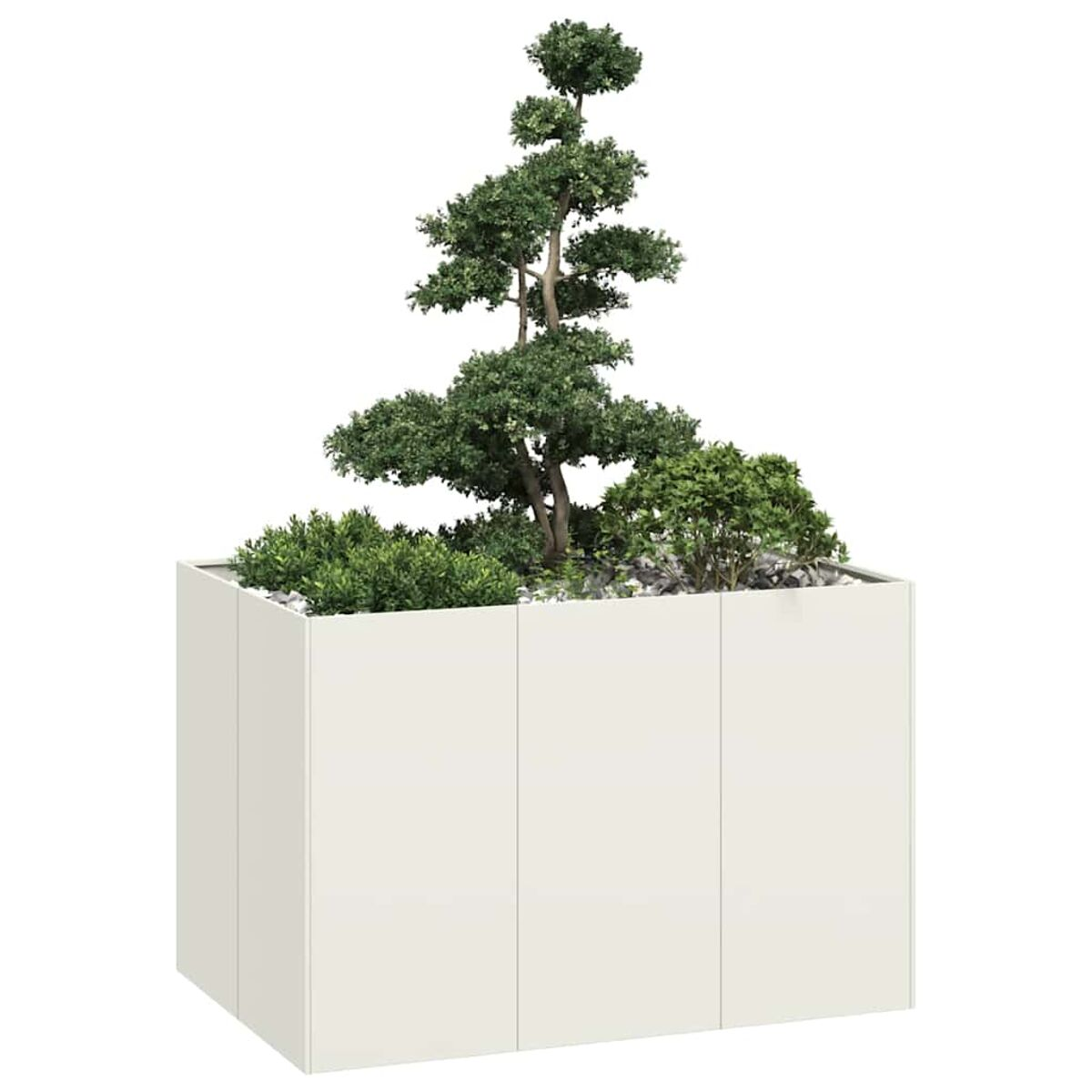 Fioriera rettangolare bianca con albero e piante; sfondo bianco.