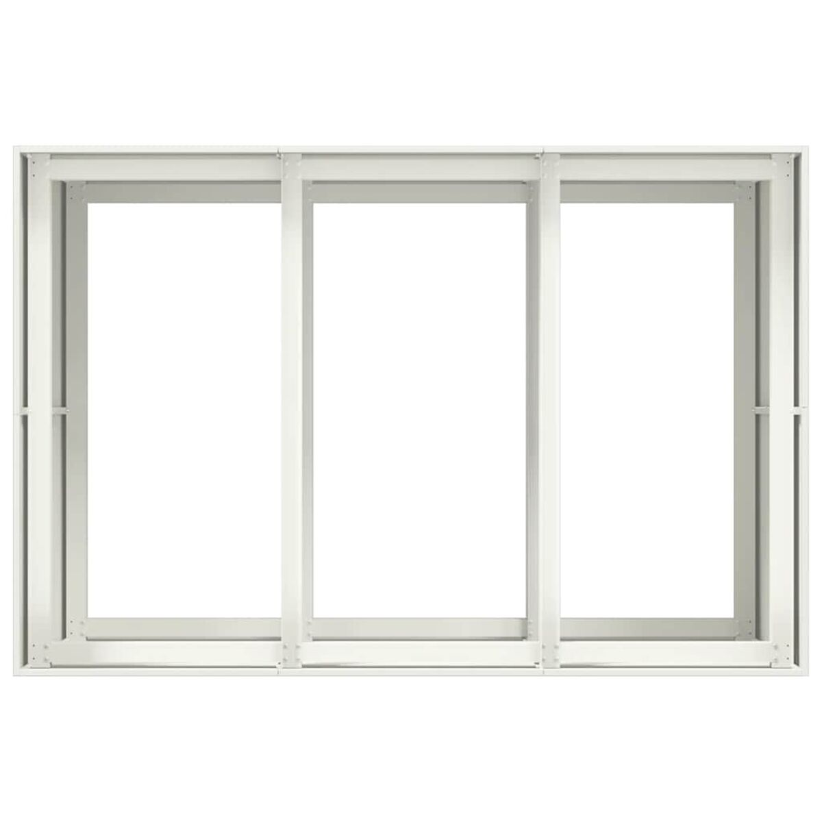 Un telaio di finestra bianco con tre aperture rettangolari. Design pulito e moderno.