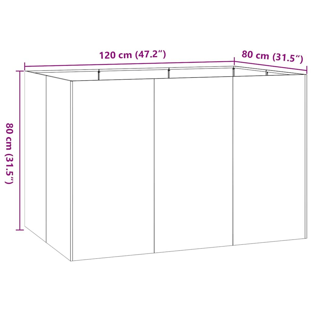 Diagramma con dimensioni. Rettangolo, 120 cm per 80 cm, con misure in cm e pollici.
