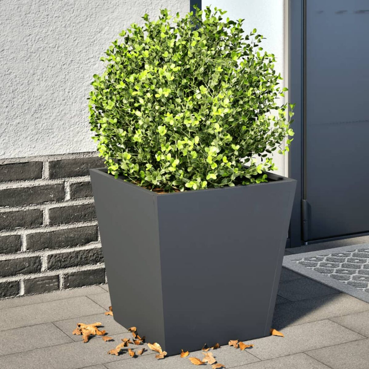 Dunkelgrauer quadratischer Pflanzkübel mit einem beschnittenen grünen Busch, auf einer Steinterrasse.