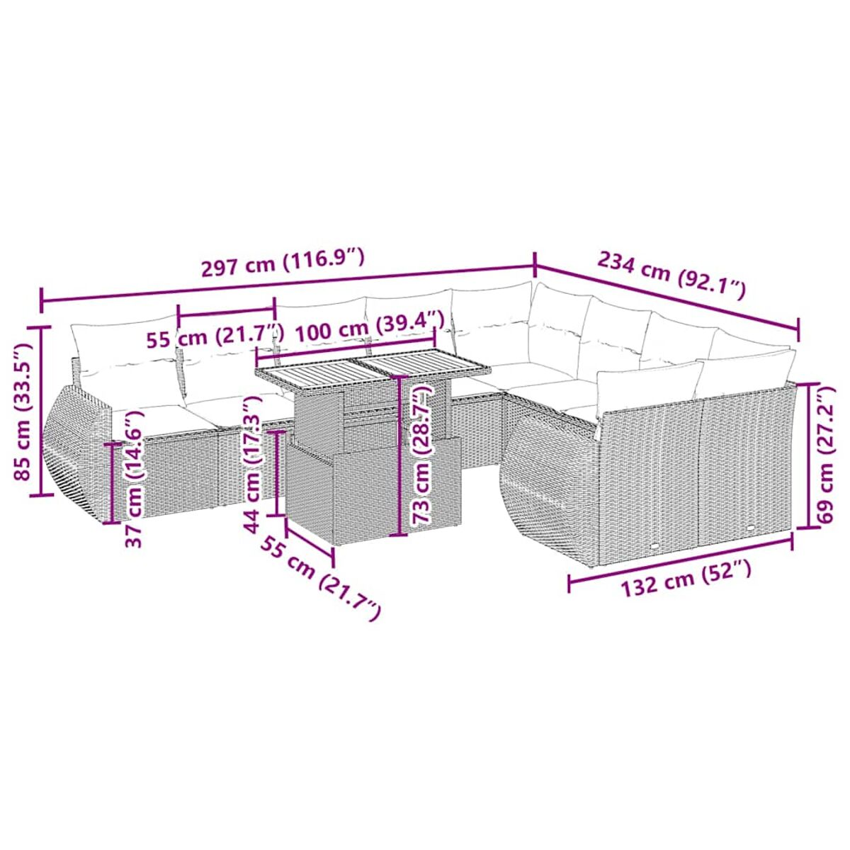 Diagramm eines Outdoor-Ecksofas mit Abmessungen in Zentimetern und Zoll. Das Sofa ist aus Weide.