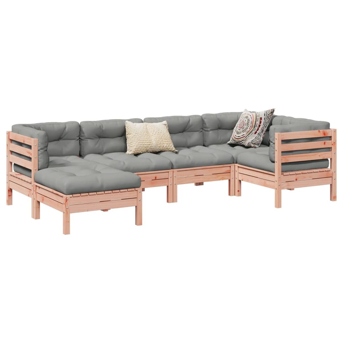 Outdoor-Ecksofa. Heller Holzrahmen, graue Kissen. Auf einer Terrasse platziert. Kissen sichtbar.
