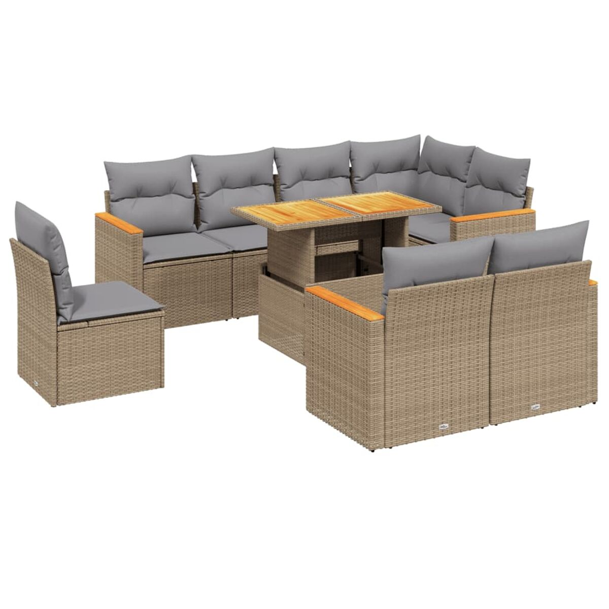 Beiges Outdoor-Set aus Korbgeflecht mit grauen Kissen, Holz und Tisch.