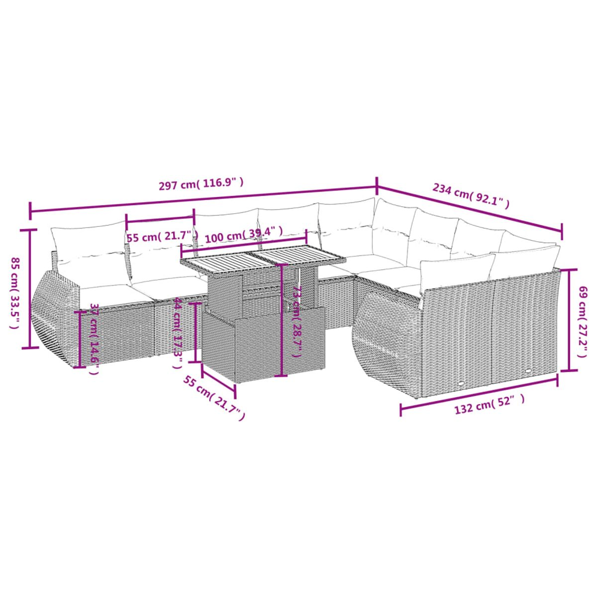 Ecksofa aus Korbgeflecht und ein Tisch mit Getränken auf einer Ziegelterrasse, mit Maßangaben.