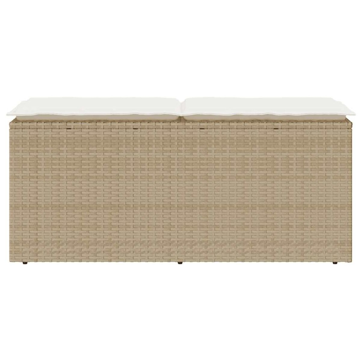 Primo piano di un divano da esterno in vimini beige con due cuscini bianchi. Rettangolare.