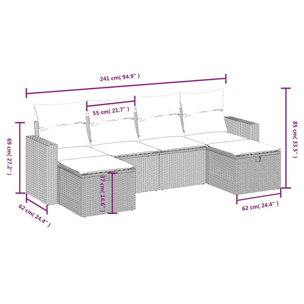 Diagramm eines Outdoor-Möbelsets mit Abmessungen in Zentimetern und Zoll.