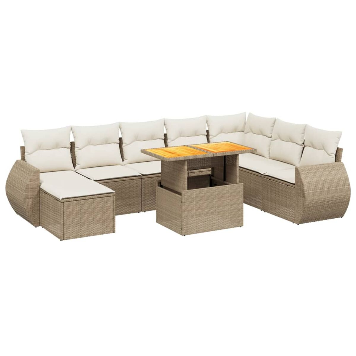 Divano componibile da esterno in vimini beige con cuscini color crema e piano in legno.