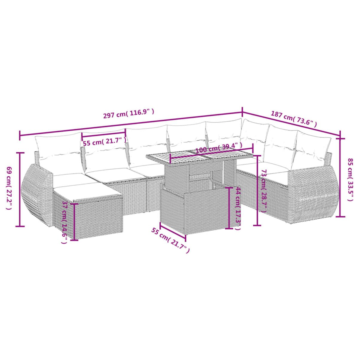 Diagramma di un divano componibile in vimini con misure in cm e pollici. Sfondo bianco.
