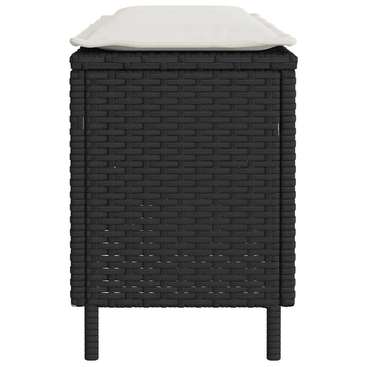 Contenitore da esterno nero intrecciato con cuscino bianco sopra.