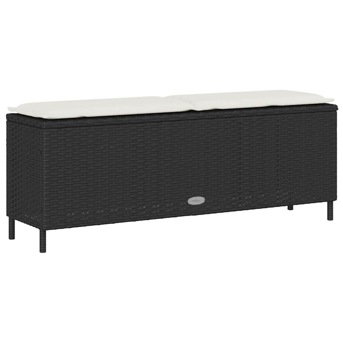 Panca contenitore in vimini nero con cuscino bianco sopra, isolata su sfondo bianco.