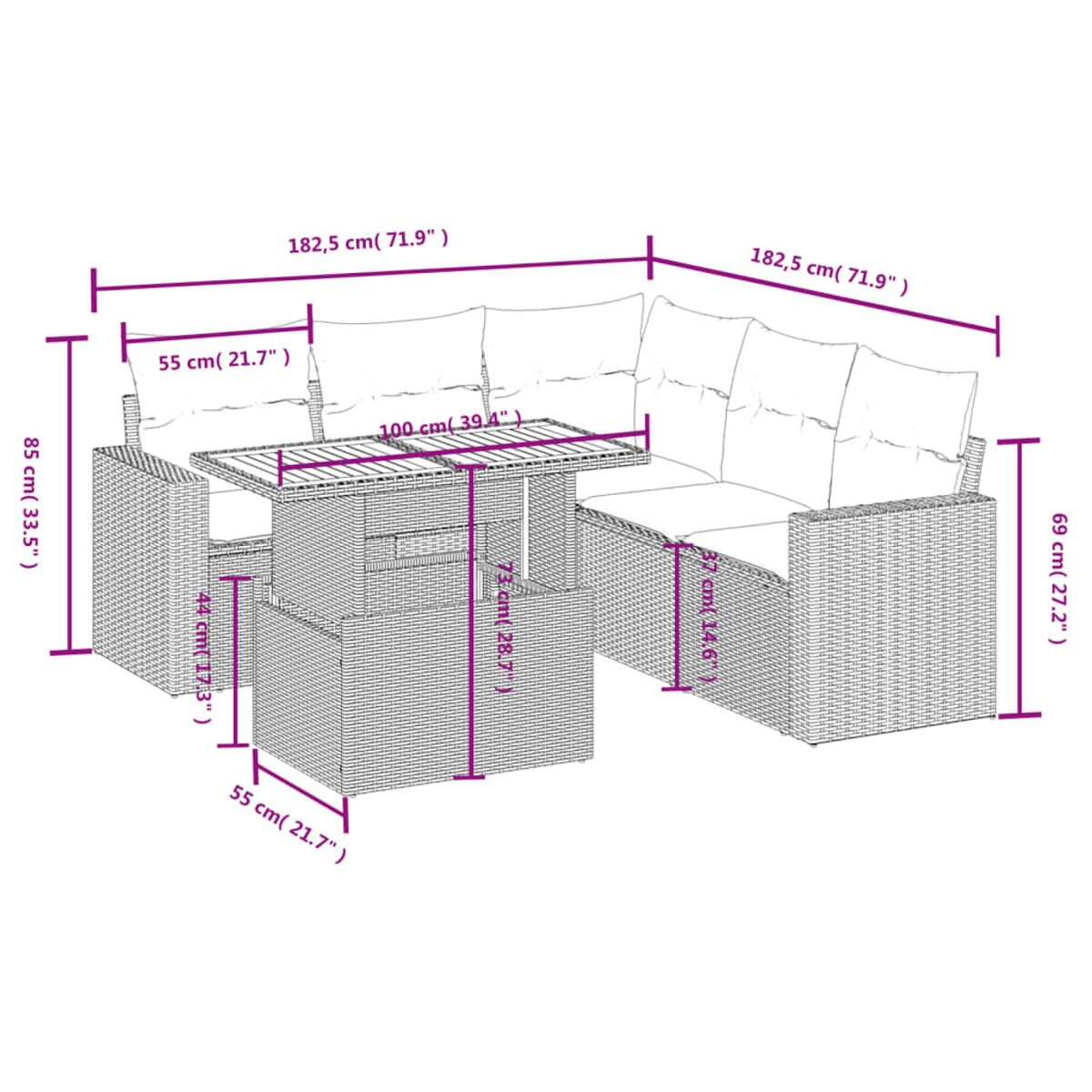 Outdoor-Korbgeflecht-Möbelset mit Tisch, Sofa und Maßen.