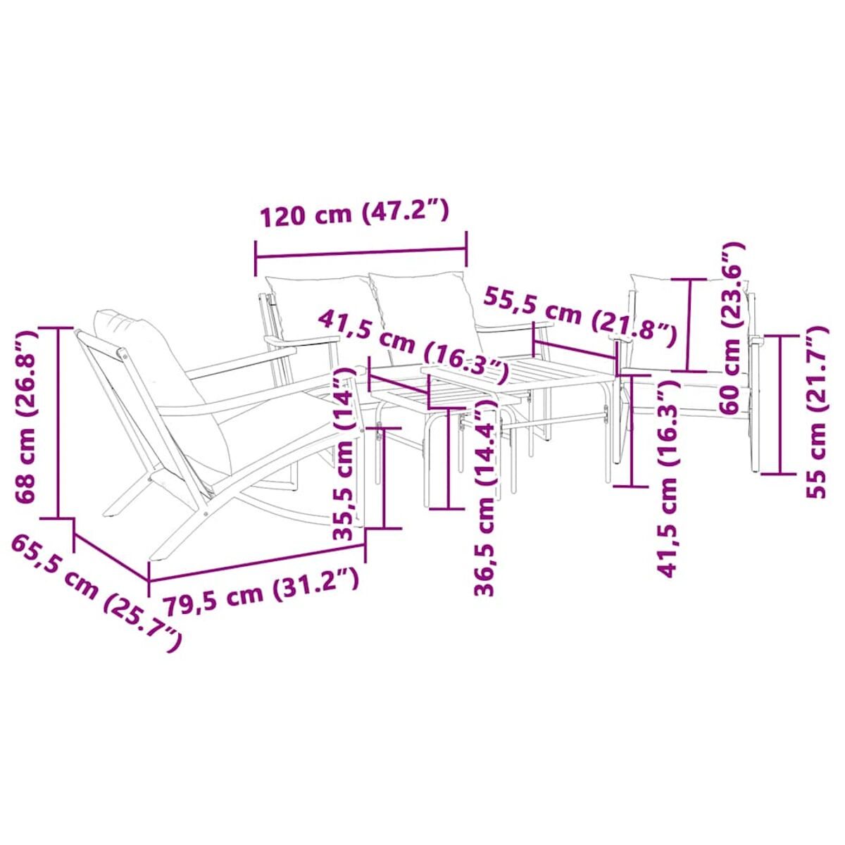 Diagramm eines Terrassenmöbelsets mit Stuhl, Tisch und Sofa, mit Abmessungen in Zentimetern.