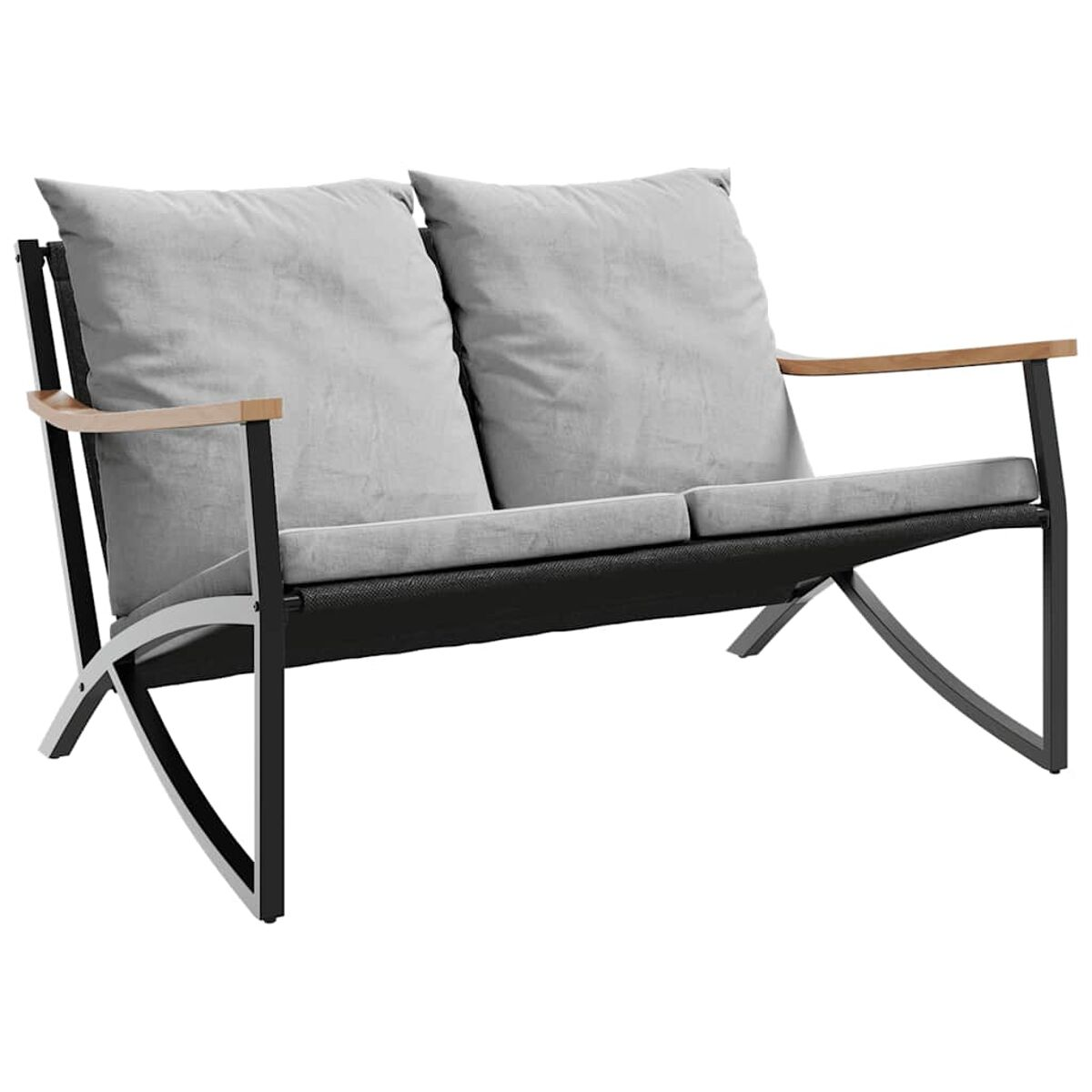 Zweisitzer-Outdoor-Sofa mit grauen Kissen und Armlehnen aus Holz, schwarzem Rahmen und schwarzem Geflecht.