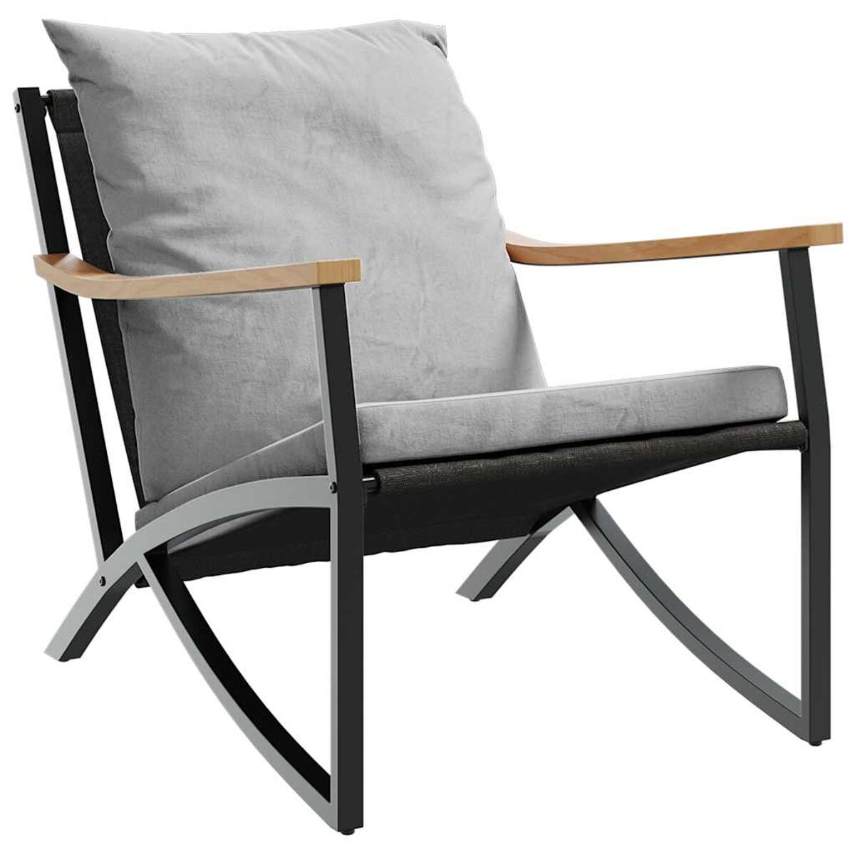 Moderner Loungesessel. Graues Kissen und Kissen. Schwarzer Metallrahmen mit Holzarmlehnen.