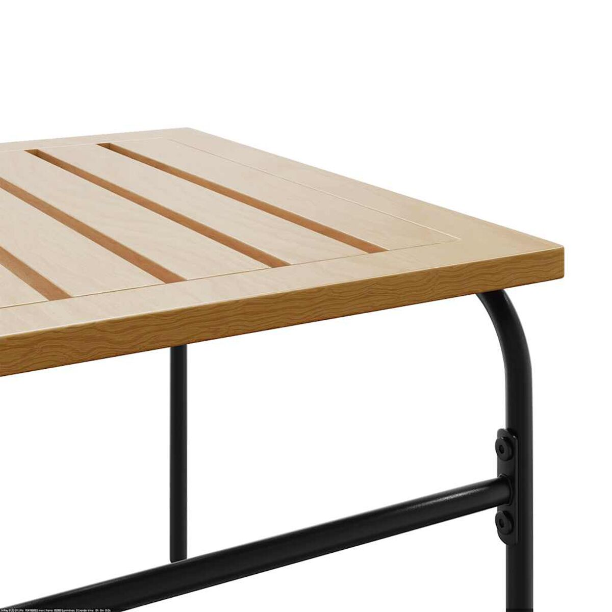 Holztisch mit hellbrauner Oberfläche und schwarzen Metallbeinen, von der Seite gesehen.