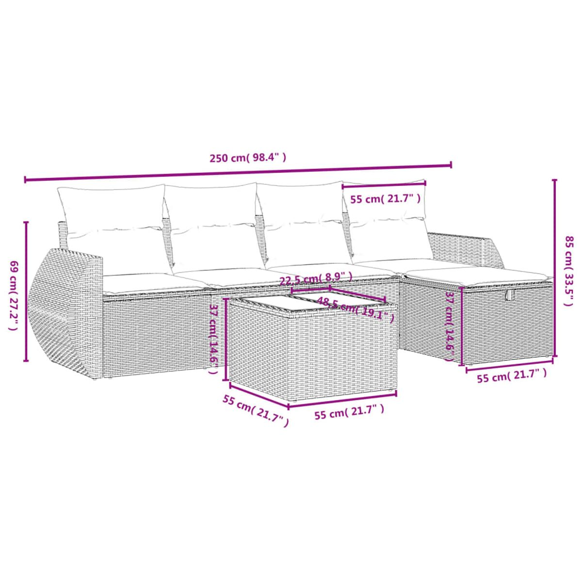 Ein Diagramm eines Ecksofas mit Abmessungen in Zentimetern und Zoll, das Messungen zeigt.
