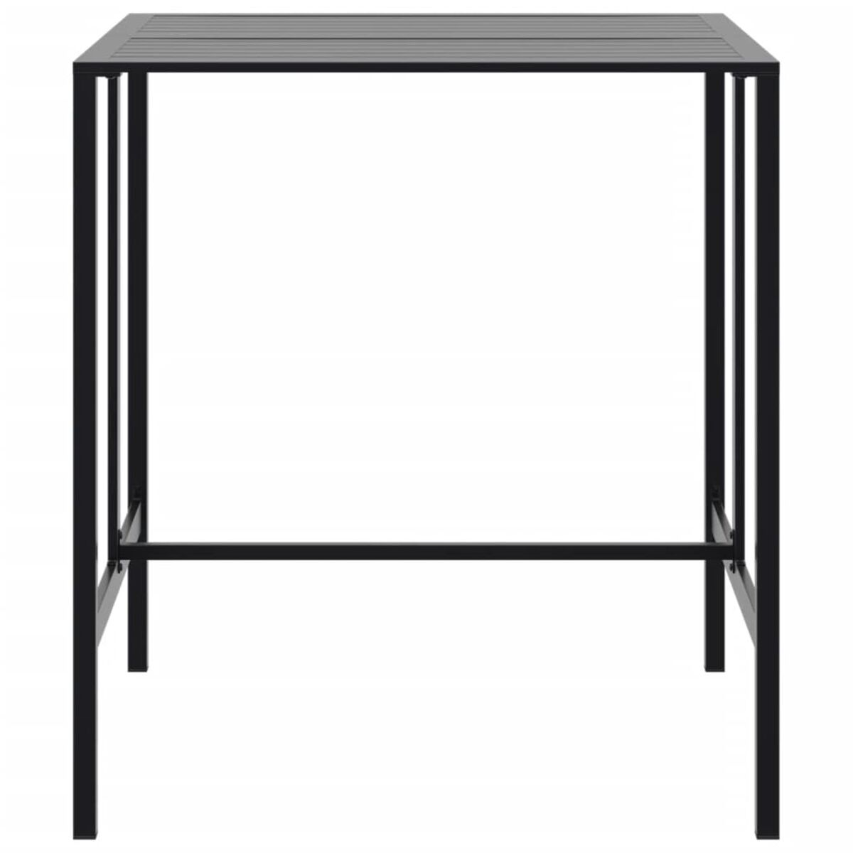 Schwarzer quadratischer Bartisch aus Metall mit Querstrebe, weißer Hintergrund.