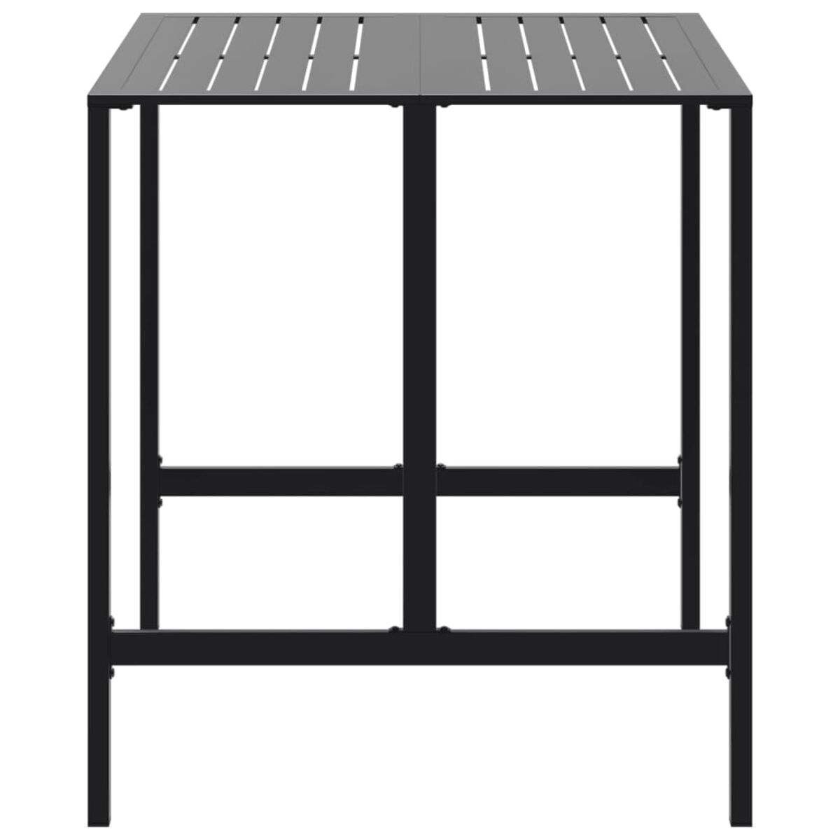 Outdoor-Bartisch. Schwarzes Metallgestell mit einer Lattenoberseite. Schlichtes und modernes Design.