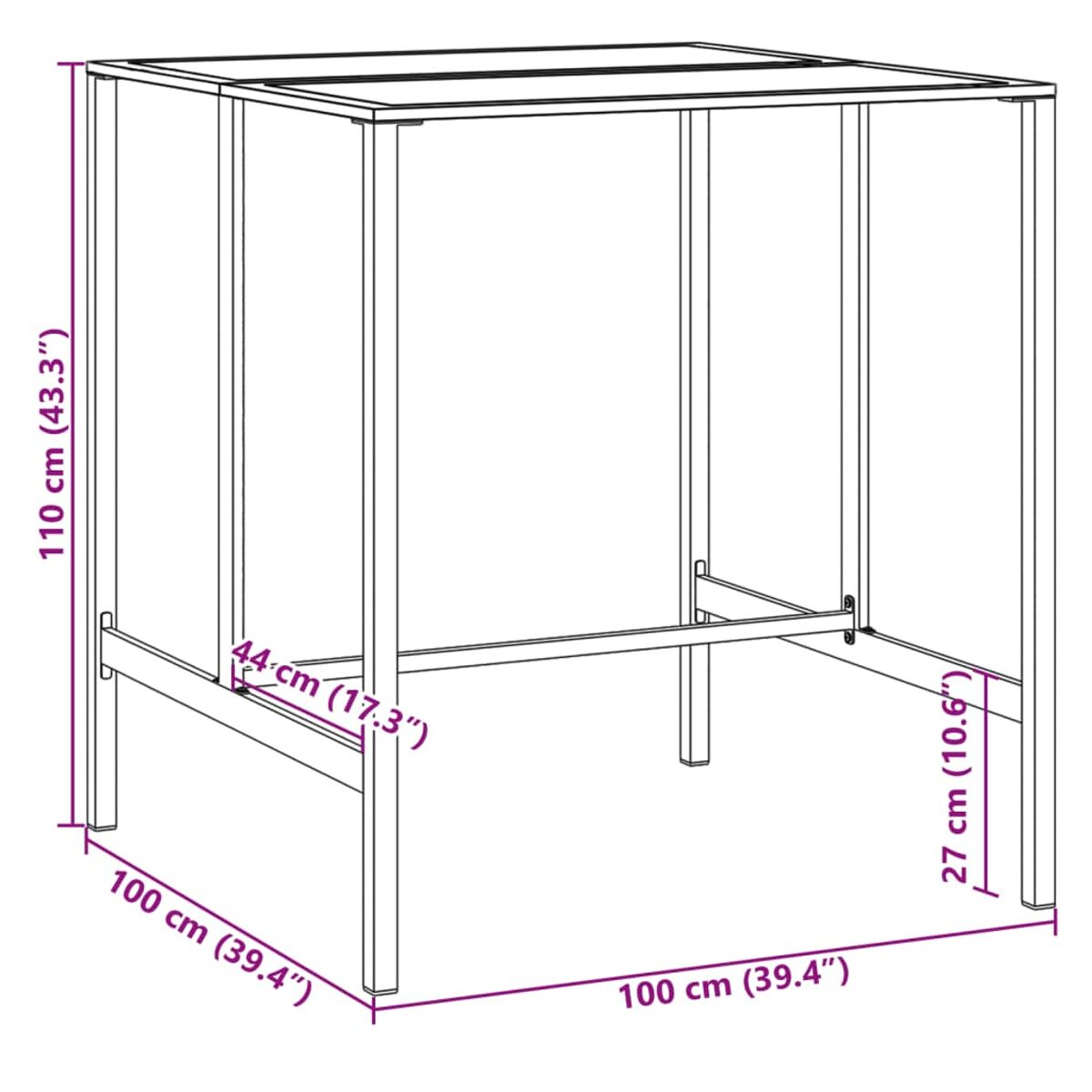 Diagramm eines quadratischen Tisches mit Abmessungen in cm und Zoll. Metallrahmen.