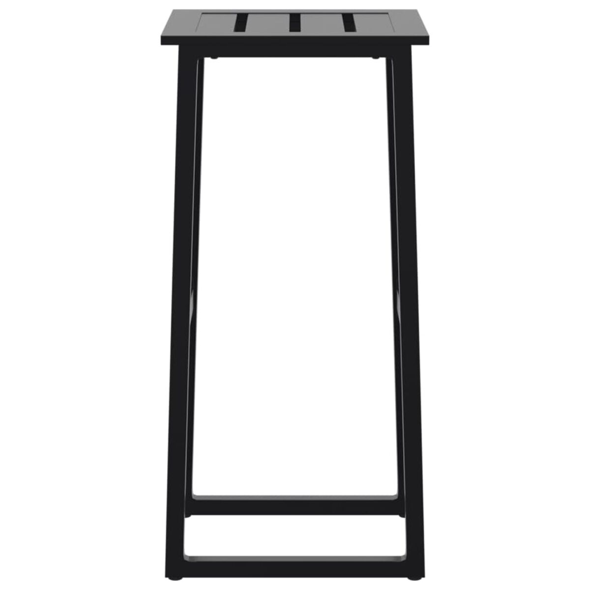 Supporto per piante alto in metallo nero. Ha una parte superiore rettangolare con tre fessure.