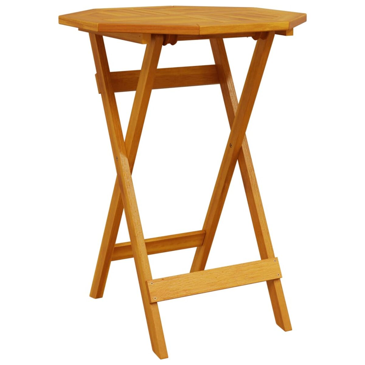 Ein hölzerner, achteckiger Klapptisch. Der Tisch ist braun und hat ein schlichtes Design.