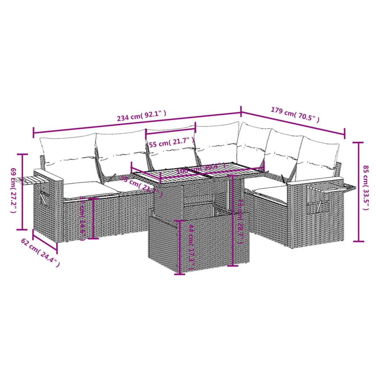 Rattan-Gartensofa mit Abmessungen. Es hat einen Tisch.