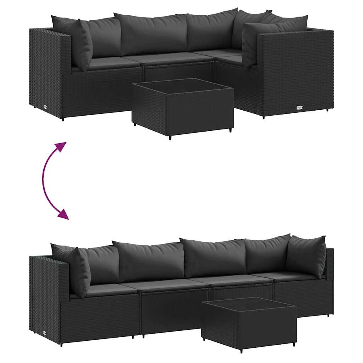 Sofá de ratán negro con cojines y una mesa cuadrada. La flecha indica la transformación en un sofá más largo.