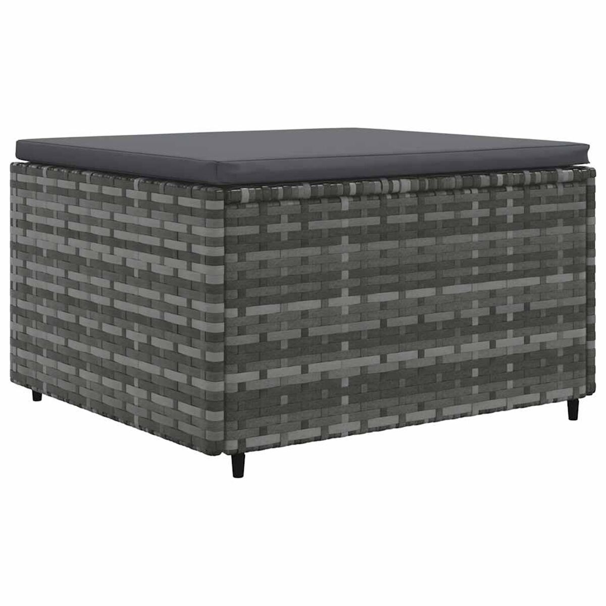Un contenitore grigio in vimini con un cuscino grigio scuro sopra.