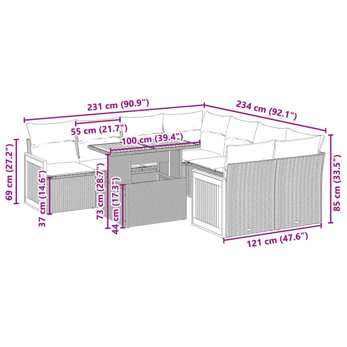 Gartenmöbel mit Maßen. Set beinhaltet Sofa, Tisch und Sitzgelegenheiten.