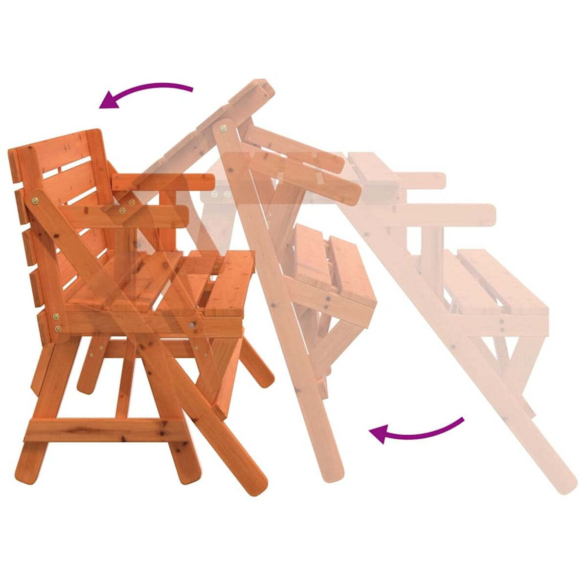 Panca in legno che si trasforma in tavolo con frecce che indicano il processo.