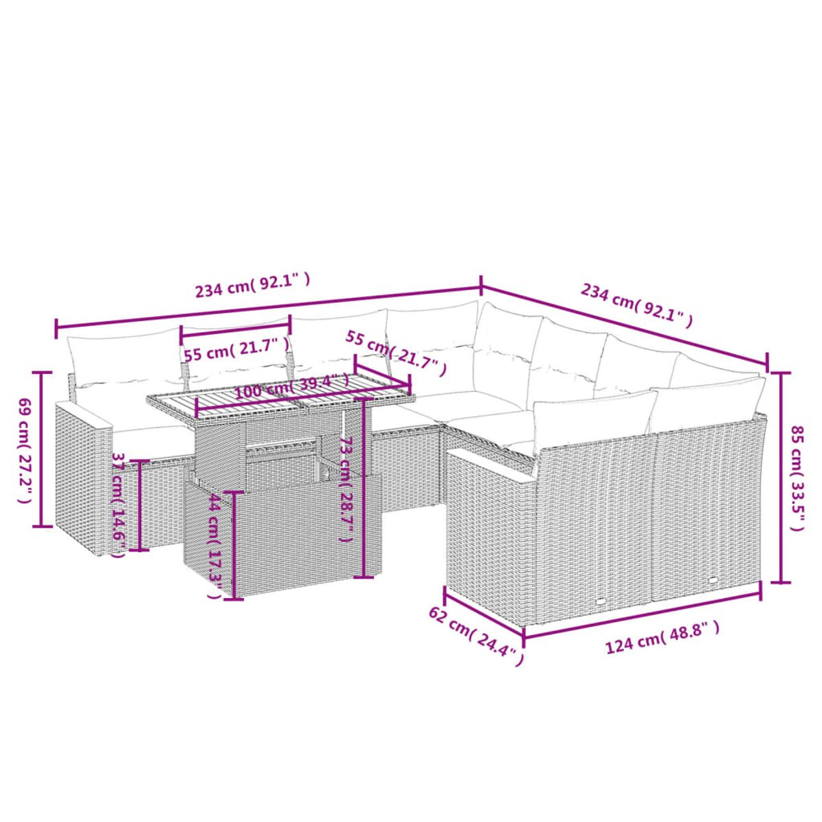 Ecksofa aus Korbgeflecht mit in Zentimetern beschrifteten Maßen.