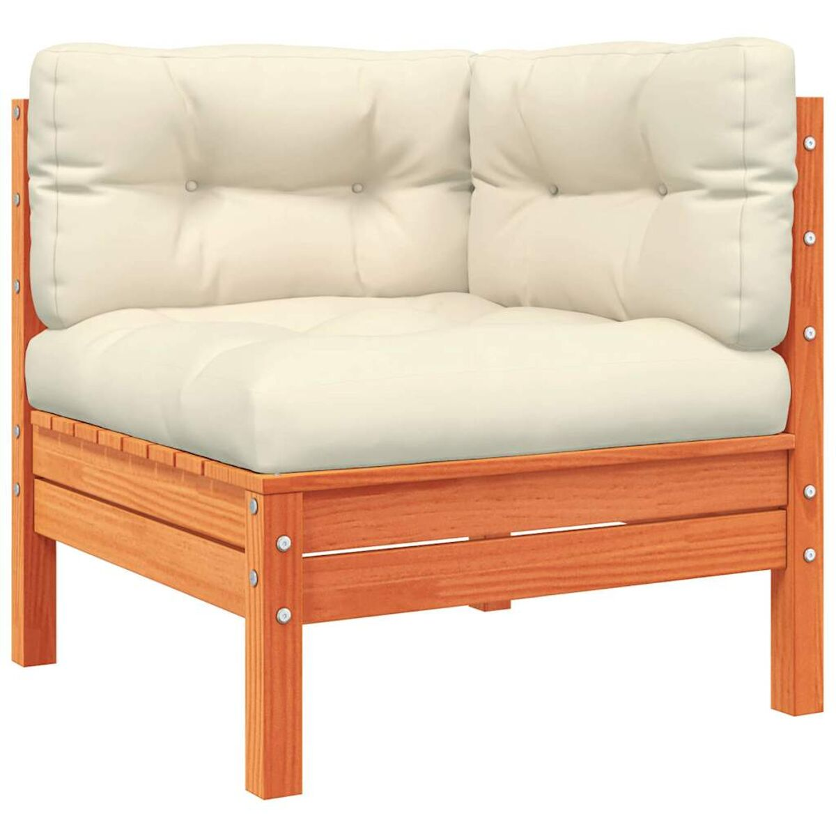 Ecksofa aus Holz mit beigen Kissen. Hellbrauner Rahmen, mit Rückenlehne und Armlehne.