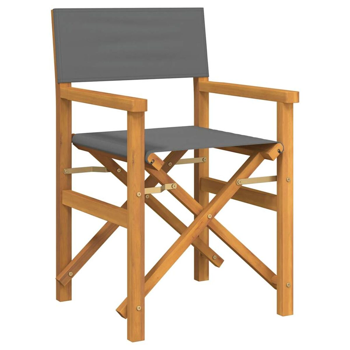 Regiestuhl aus Holz mit grauem Canvas-Sitz und -Rücken. Der Stuhl ist zusammengeklappt und einsatzbereit.