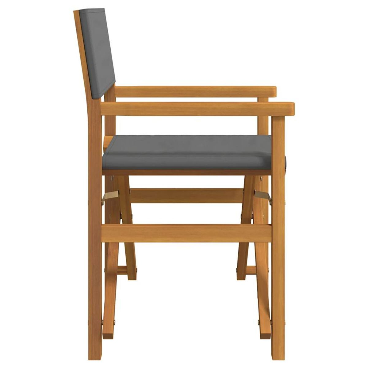 Ein Holzstuhl mit grauem Sitz und Rückenlehne wird im Profil gezeigt. Der Stuhl hat Armlehnen und einen Holzrahmen.