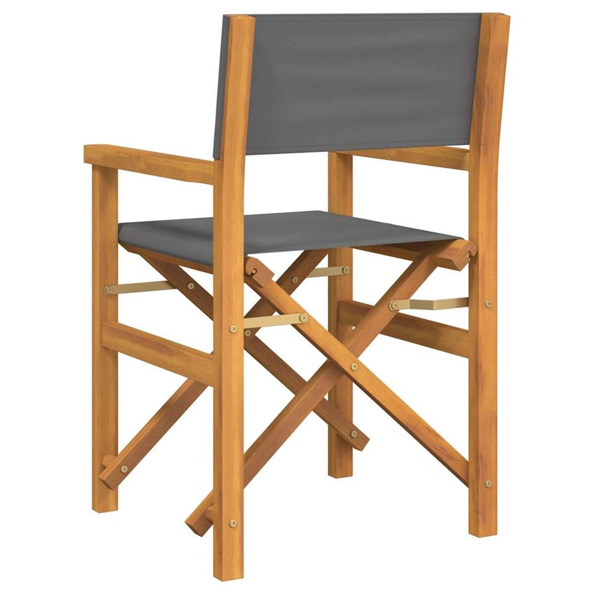 Holz-Regiestuhl mit grauem Leinwandrücken und Sitz.