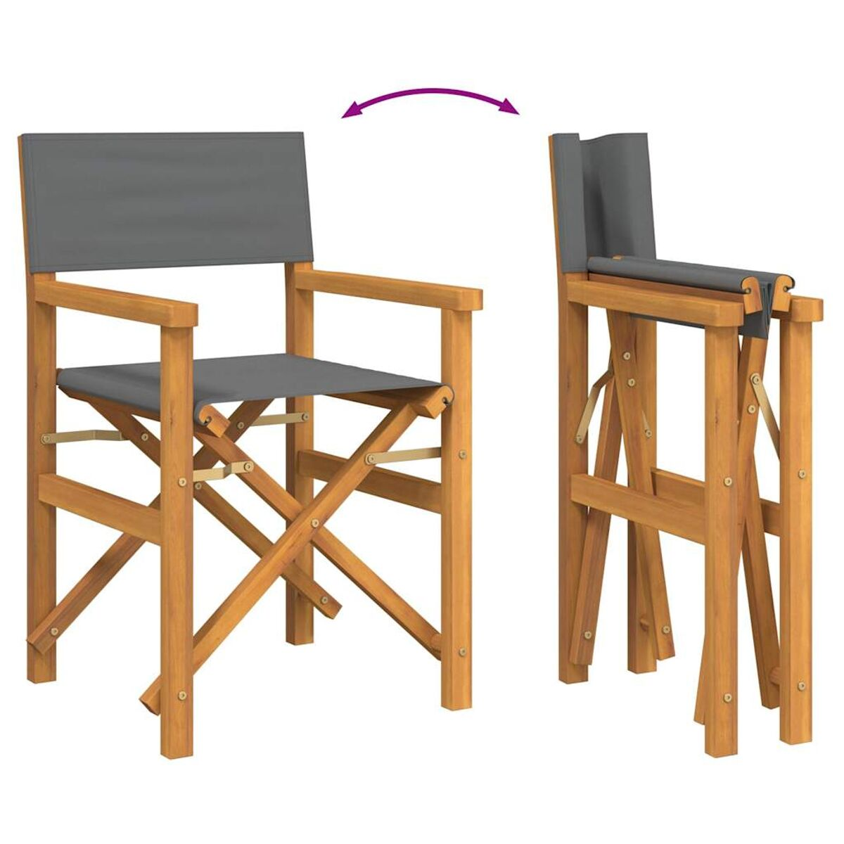 Ein Holz-Regiestuhl, gefaltet und entfaltet, mit grauem Sitz und Rücken.